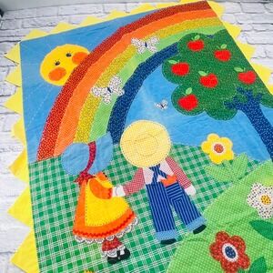 Vintage Homemade Childrens Blanket Quilt Play Mat Rainbow Sun Apple Tree Farm